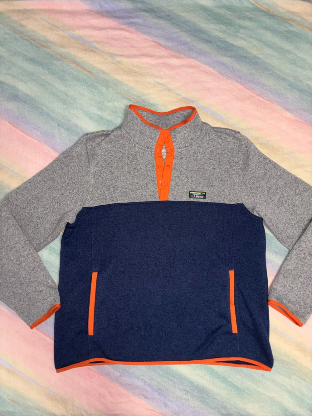 LL Bean Snap Fleece Pullover Sweater men’s L Grey blue Colorblock slightly fit